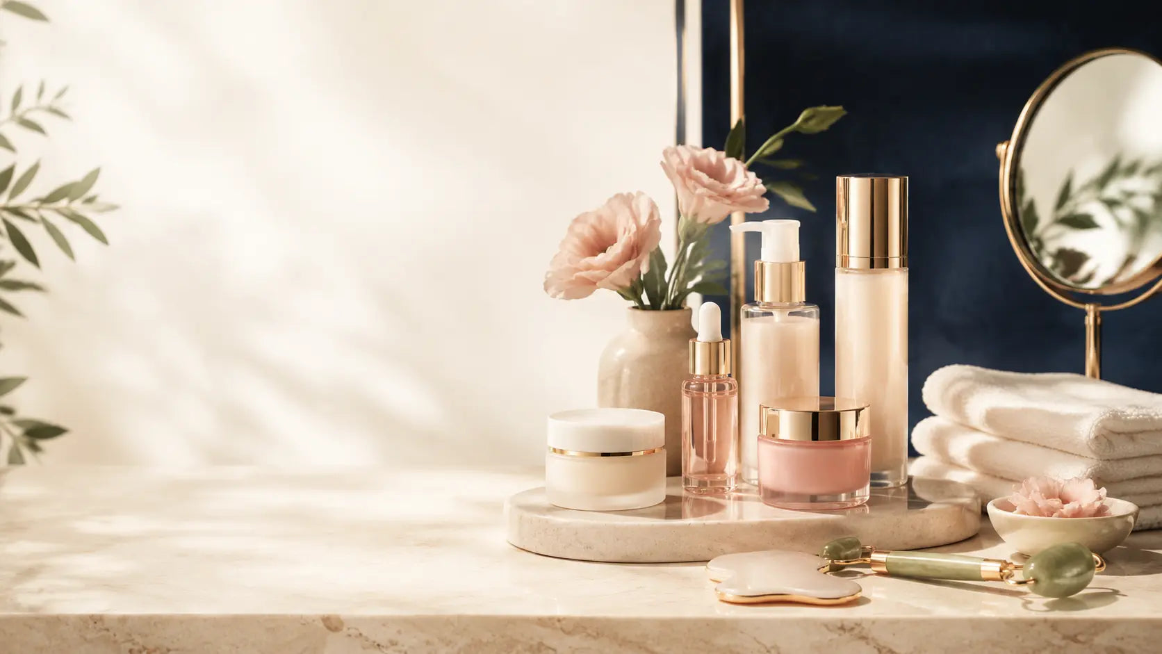 Premium beauty and self-care essentials on an elegant vanity