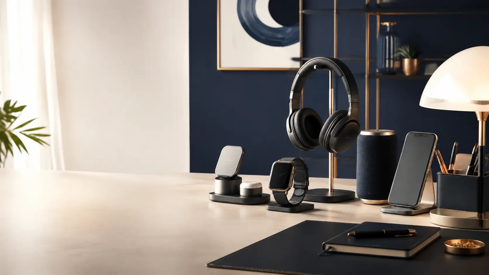 Modern smart accessories arranged in a premium home office